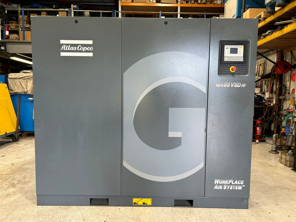 Refurbished Atlas Copco GA55 VSD FF 55 kW Variable Speed Rotary Screw Compressor with Integrated Dryer – 2014, 13 bar, Up to 375 CFM