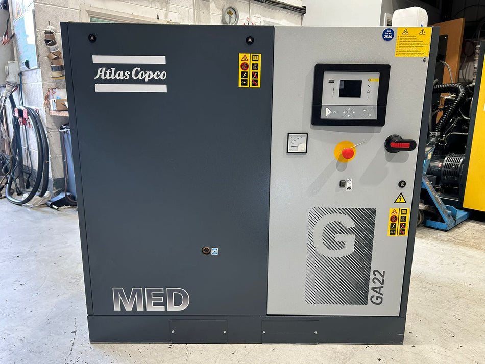 Refurbished Atlas Copco GA22+ MED 22 kW Medical Air Compressor – 2015, Extremely Low Hours, Ex-Hospital