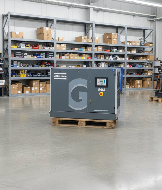 Atlas Copco industrial compressor on a pallet in a warehouse setting