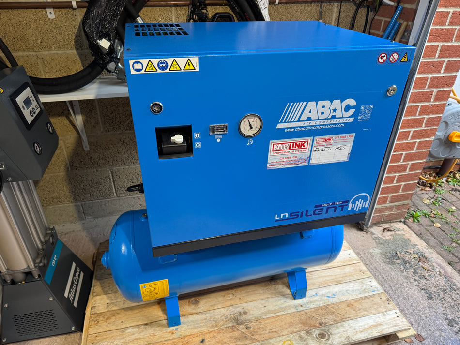 Refurbished ABAC LN1 A39B 100L Tank Silenced Air Compressor – 3HP, 240V, 14 CFM, Ultra-Quiet, 6 Month Warranty – 4116000556