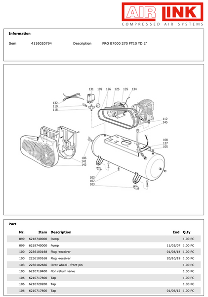 ABAC PRO B7000 270 FT10 YD 2 Piston Air Compressor Parts Manual - 4116020794