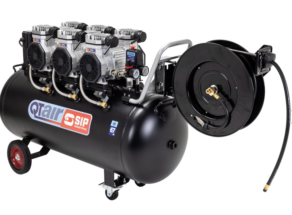 SIP QT DD 4.5hp 150ltr Ultra Low Noise Oil Free Air Compressor & Hose Reel - 05497AHR15