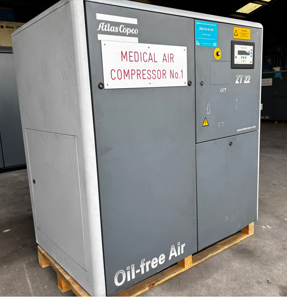 Refurbished Atlas Copco ZT22 Oil Free 22kW Medical Air Compressor – 2003, Ex-Hospital