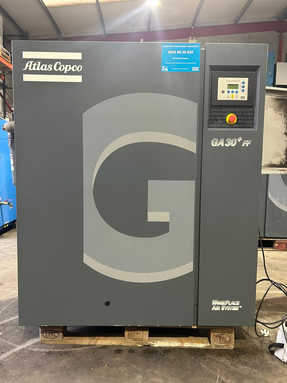 Atlas Copco GA30+ FF 30kW Rotary Screw Compressor with Integral Dryer & Dual Filtration - 7.3 Bar, 203.4 cfm | Refurbished