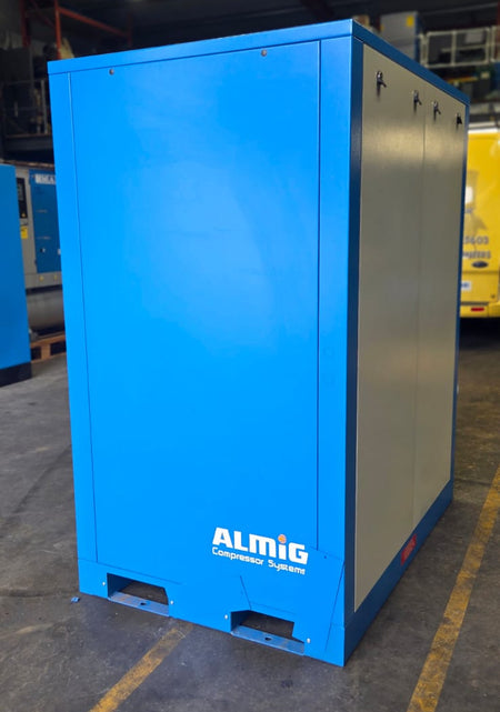 Blue storage container with 'Almac' branding on a warehouse floor.