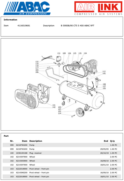 ABAC B 5900B/90 CT5 5 400 ABAC RFT Piston Air Compressor Parts Manual - 4116019681 - airlinkcompressors.com