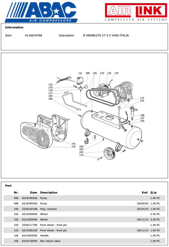 ABAC B5900B/270 CT 5 5 V400 ITALIA Piston Air Compressor Parts Manual - 4116019768 - airlinkcompressors.com