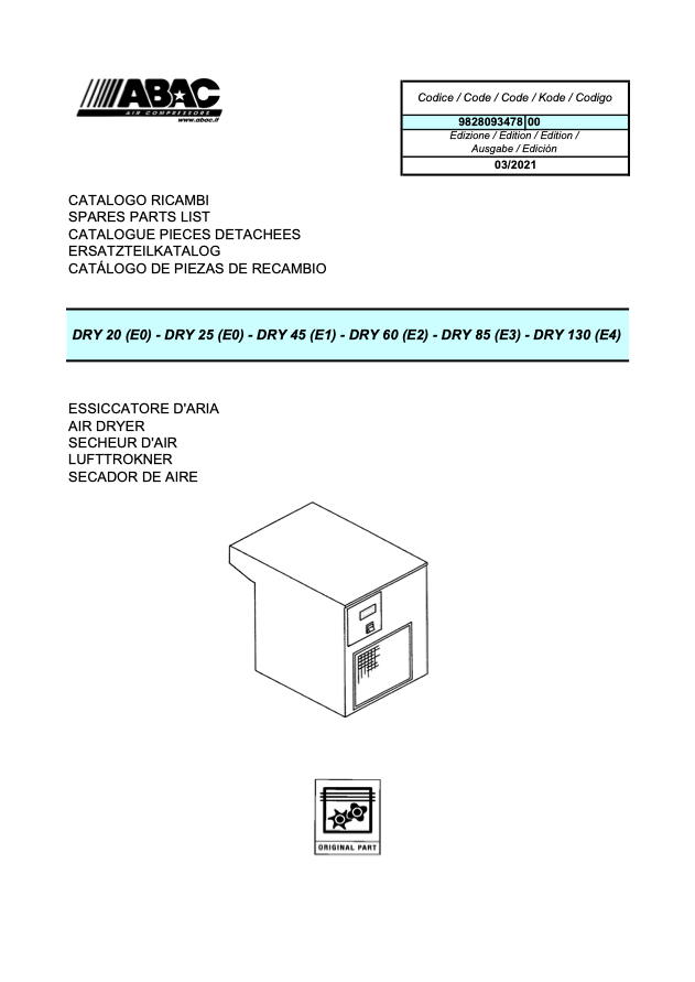 ABAC Dry 20,25,45,60,85 & 130 Parts Manual From 2021 - airlinkcompressors.com
