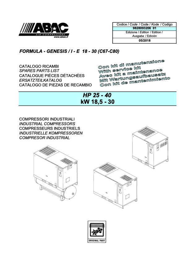 ABAC Formula Genesis 18.5 - 30 kW Parts Manual From 2018 - airlinkcompressors.com