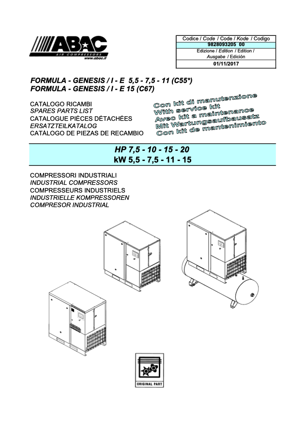 ABAC Formula Genesis 5.5 - 15 kW Parts Manual From 2017 - airlinkcompressors.com
