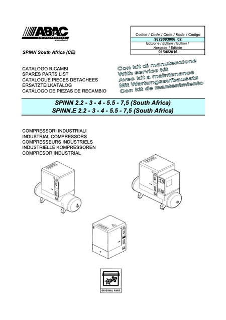 ABAC Spinn 2.2 - 7.5kW Parts Manual (South Africa) From 2016 - airlinkcompressors.com
