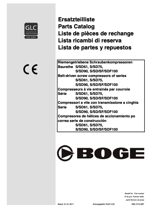 Boge S/SD61, S/SD75,  S/SD90, S/SD/SF/SDF100 Parts Manual From 2011 - airlinkcompressors.com