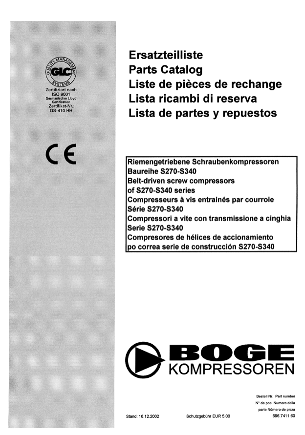 Boge S270 & S340 Compressor Parts Manual From 2002 - airlinkcompressors.com