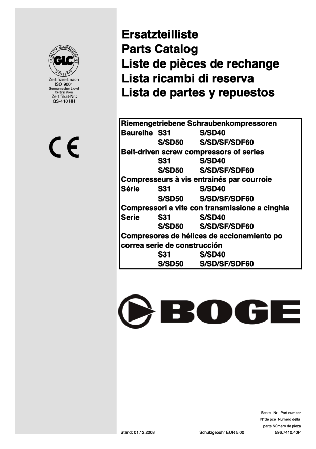 Boge S31 S/SD40 S/SD50 S/SD/SF/SDF60 Parts Manual From 2008 - airlinkcompressors.com