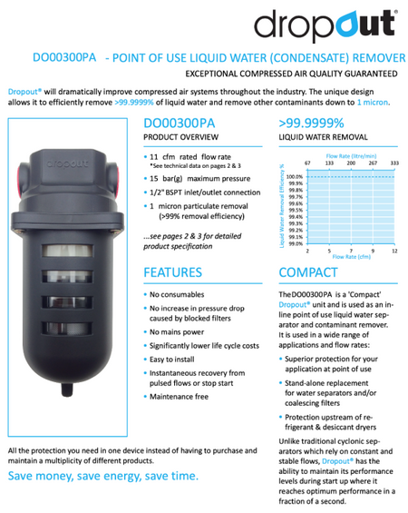 Dropout DDO300A/D 1/2" 11 CFM 99.999% Bulk Water Removal Filter - DO00300AAB - airlinkcompressors.com