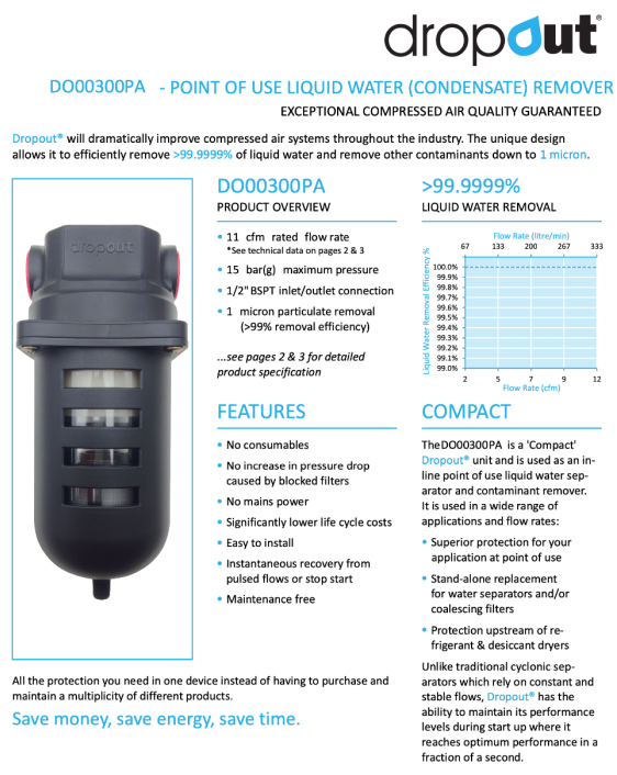 Dropout DDO300A/D 1/2" 11 CFM 99.999% Bulk Water Removal Filter - DO00300AAB - airlinkcompressors.com