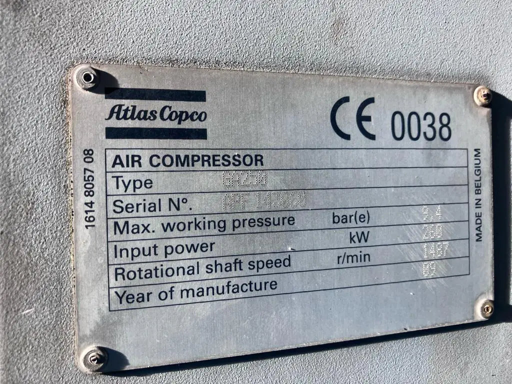 Used Atlas Copco GA250FF 250 kW 1338 CFM 9 Bar Screw Air Compressor - airlinkcompressors.com