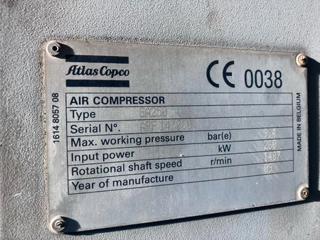 Used Atlas Copco GA250FF 250 kW 1338 CFM 9 Bar Screw Air Compressor - airlinkcompressors.com