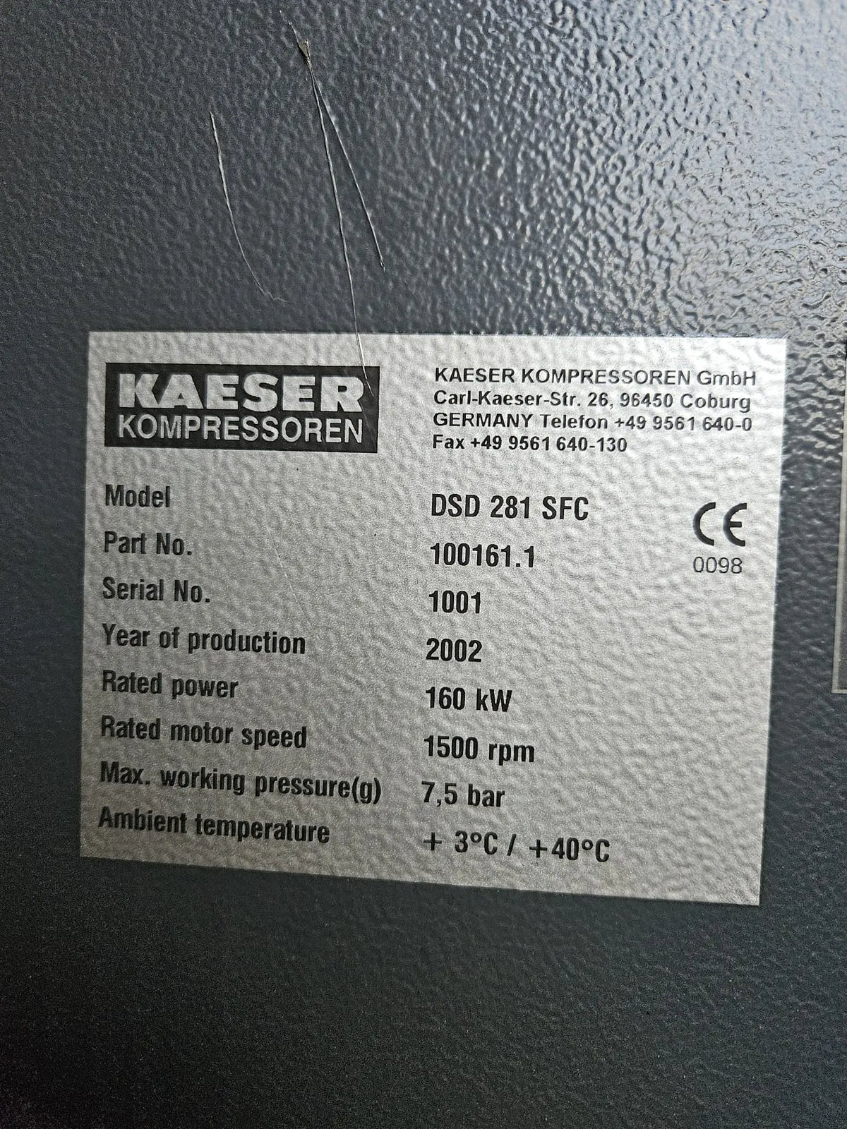 Used HPC DSD281SFC 160 kW 939 CFM 7.5 Bar Variable Speed Screw Air Compressor - airlinkcompressors.com