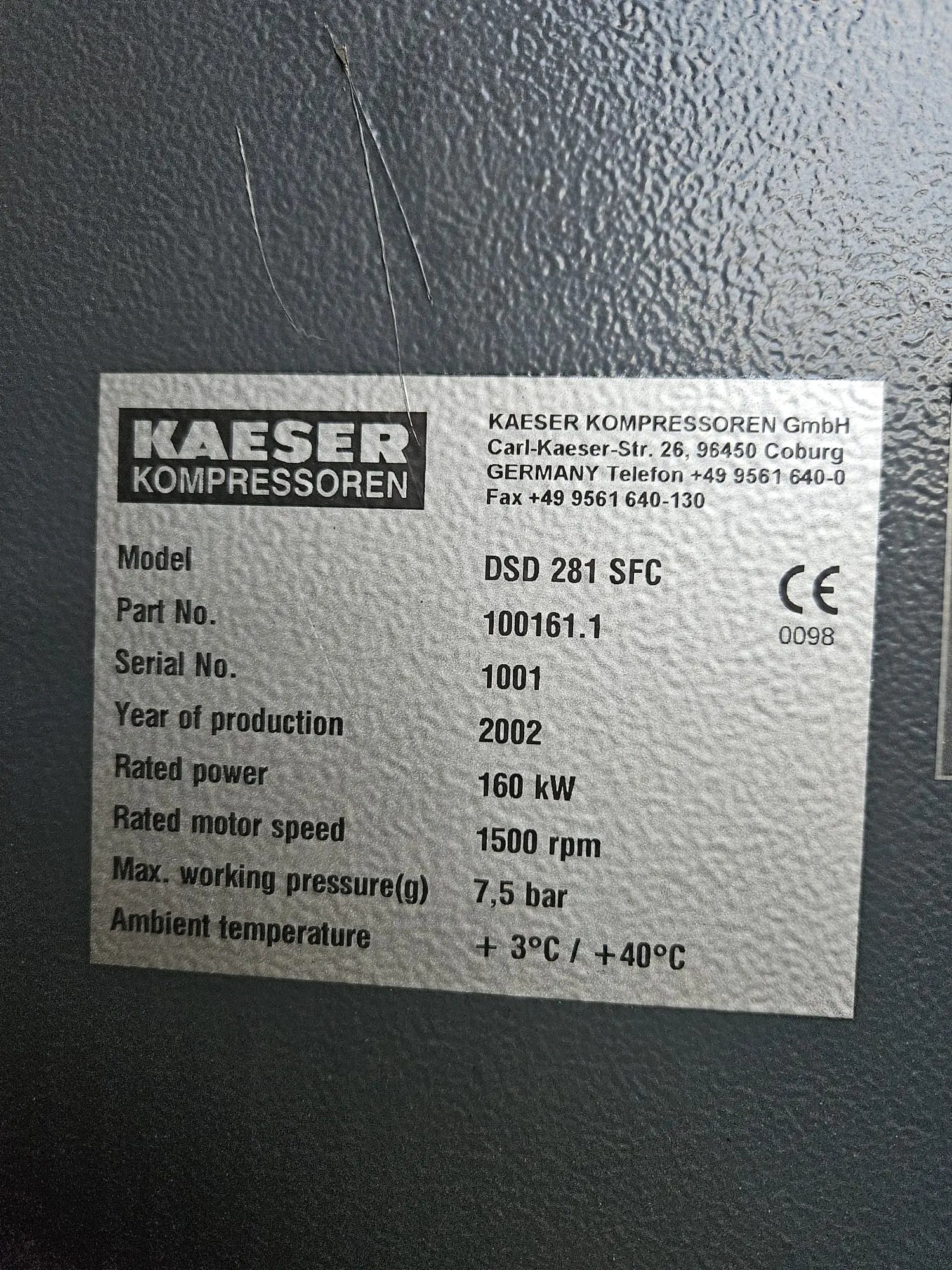 Used HPC DSD281SFC 160 kW 939 CFM 7.5 Bar Variable Speed Screw Air Compressor - airlinkcompressors.com