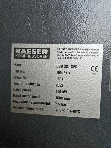 Used HPC DSD281SFC 160 kW 939 CFM 7.5 Bar Variable Speed Screw Air Compressor - airlinkcompressors.com