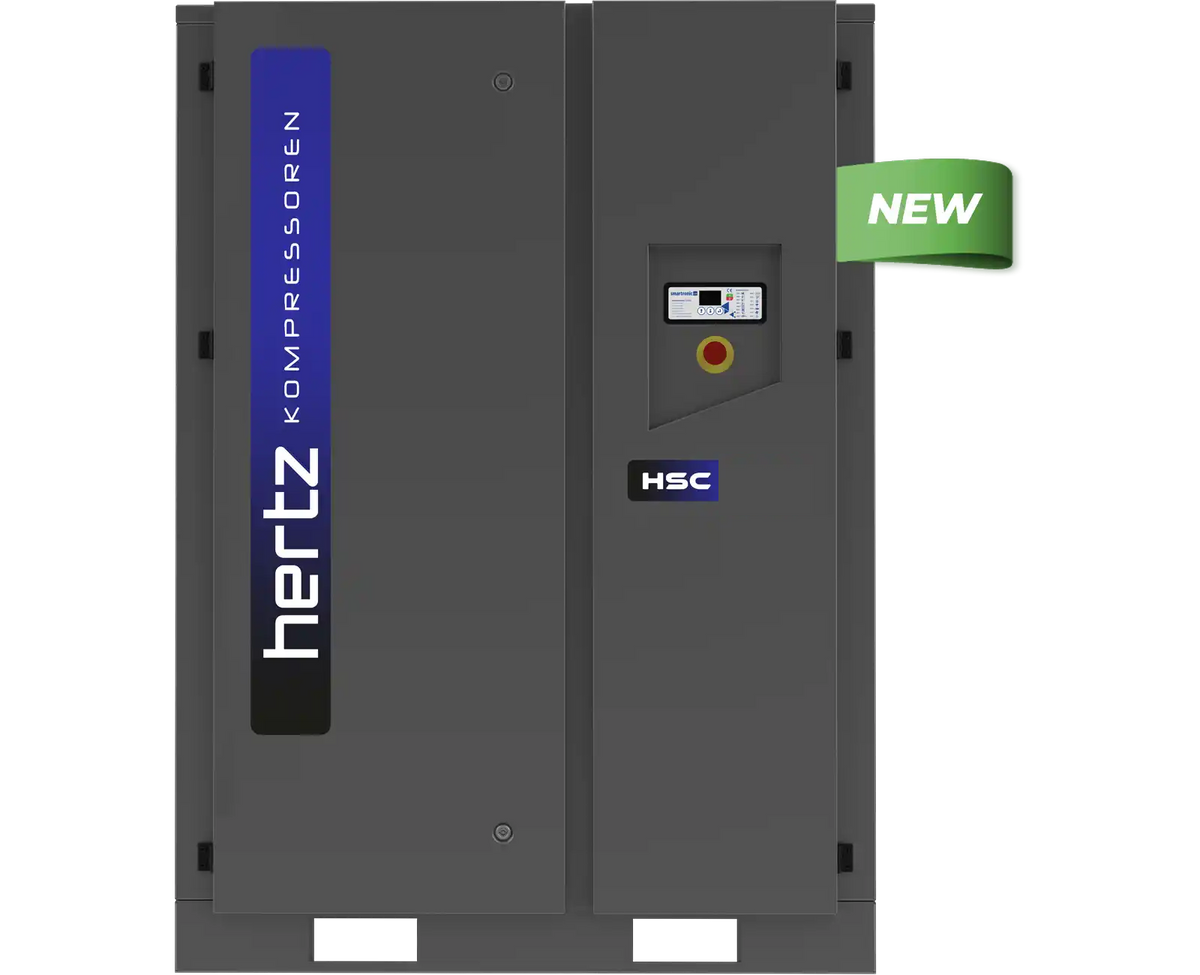 Gray compressor with Hertz branding and a green 'NEW' label on a white background