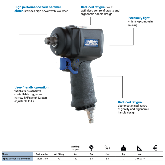 ABAC Impact wrench 1/2” PRO mini - 2809913100 - airlinkcompressors.com