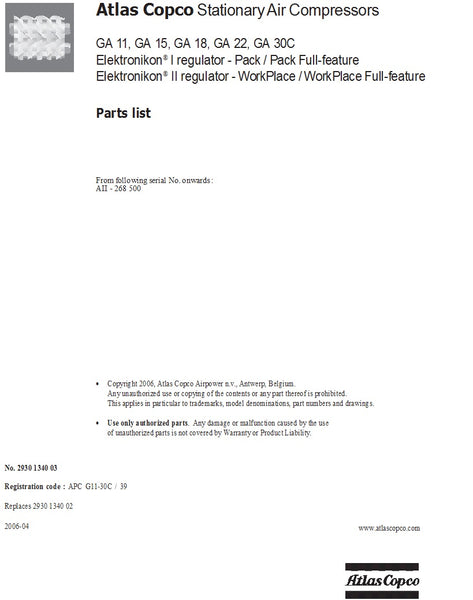 ATLAS COPCO GA PARTS MANUAL 2006 - airlinkcompressors.com