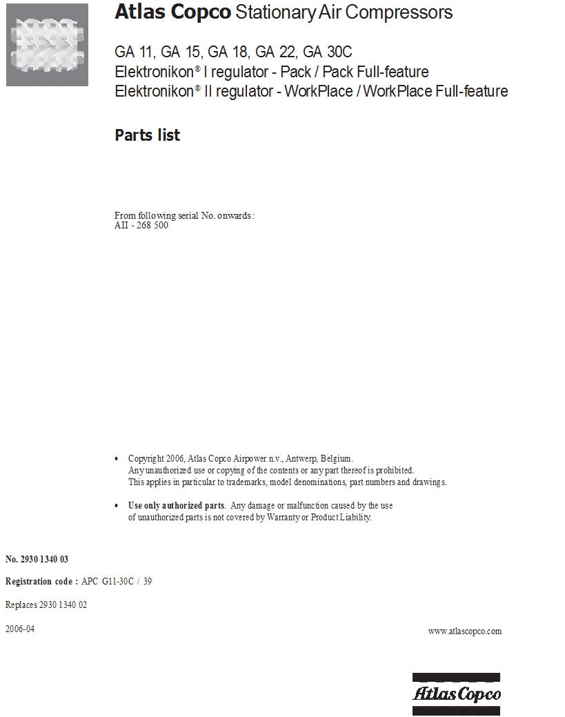 ATLAS COPCO GA PARTS MANUAL 2006 - airlinkcompressors.com