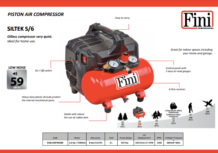 FINI SILTEK S 6 Oil-less Silenced Air Compressor - 0.75kw, 1 HP, 6L, 8 BAR, 230V - F-B2BL104FNN288 - airlinkcompressors.com