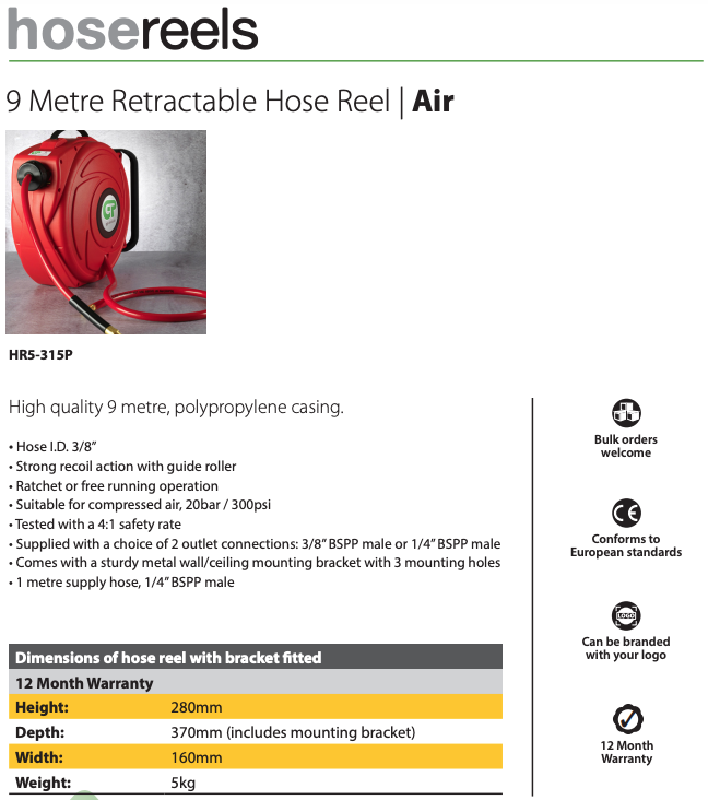 GP 9 Mtr Compact Retractable Air Hose Reel - Grey Case & Hose - HR5-309GCBH - airlinkcompressors.com