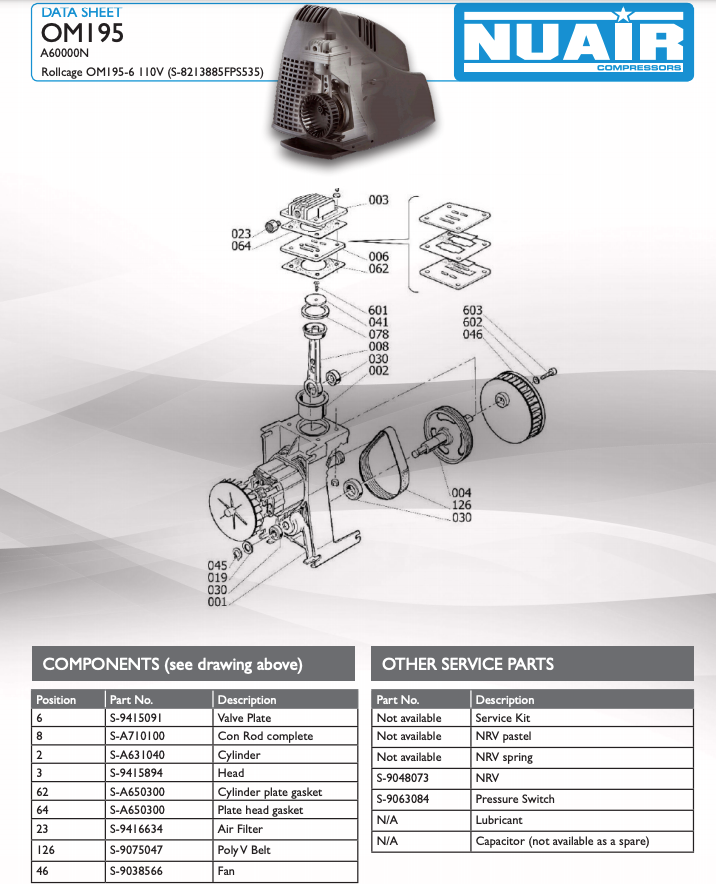 NUAIR Roll Cage OM195/6 110v Air Compressor - 7.1 CFM, 1.5 HP, 6L, 110V - S-8213885FPS566 - airlinkcompressors.com