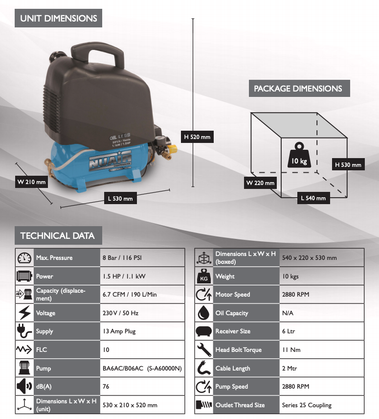 NUAIR SO1/6 HP 1.5 VENTO Air Compressor 6.7CFM, 1.1kW, 6L, 230v - S-A6BB304FPS534 - airlinkcompressors.com
