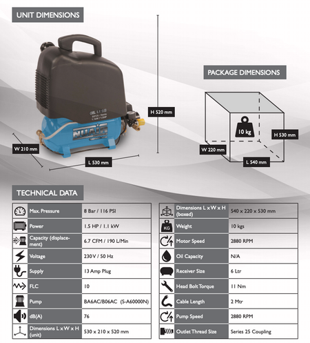 NUAIR SO1/6 HP 1.5 VENTO Air Compressor 6.7CFM, 1.1kW, 6L, 230v - S-A6BB304FPS534 - airlinkcompressors.com