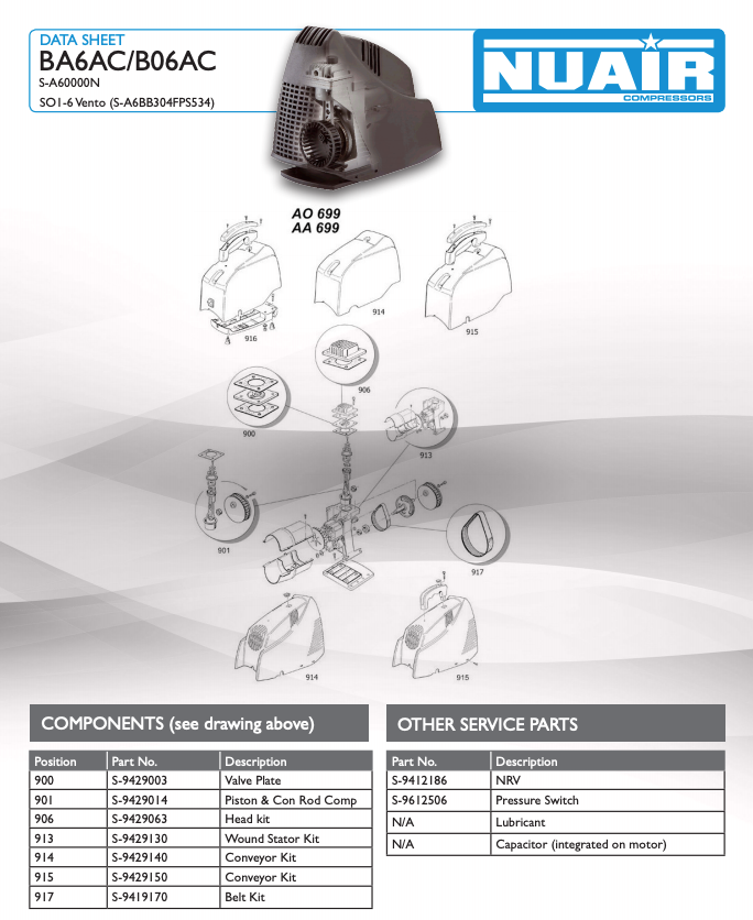 NUAIR SO1/6 HP 1.5 VENTO Air Compressor 6.7CFM, 1.1kW, 6L, 230v - S-A6BB304FPS534 - airlinkcompressors.com