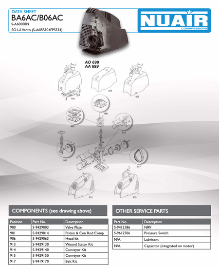 NUAIR SO1/6 HP 1.5 VENTO Air Compressor 6.7CFM, 1.1kW, 6L, 230v - S-A6BB304FPS534 - airlinkcompressors.com
