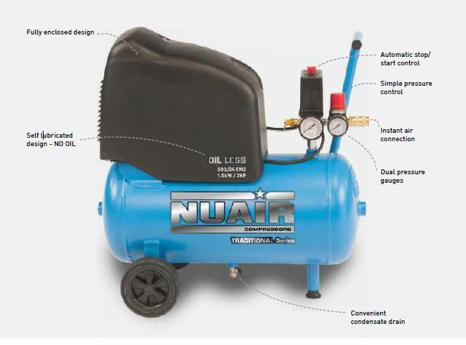 NUAIR SO2/24 CM2 Air Compressor - 8.1 CFM, 2 HP, 24L, 230V - S-A3CC404FPS501 - airlinkcompressors.com