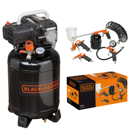 Black + Decker BD195/24V-NK Air Compressor & Spray/Inflation Kit 6.5 cfm 1.1kW 1.5Hp 24Lt 10 Bar - S-NKCV304BND311/KIT5 - airlinkcompressors.com