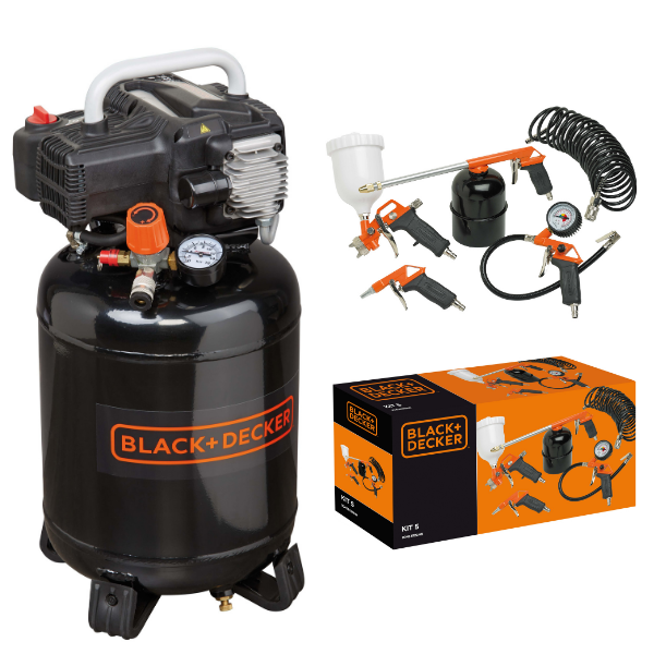 Black + Decker BD195/24V-NK Air Compressor & Spray/Inflation Kit 6.5 cfm 1.1kW 1.5Hp 24Lt 10 Bar - S-NKCV304BND311/KIT5 - airlinkcompressors.com