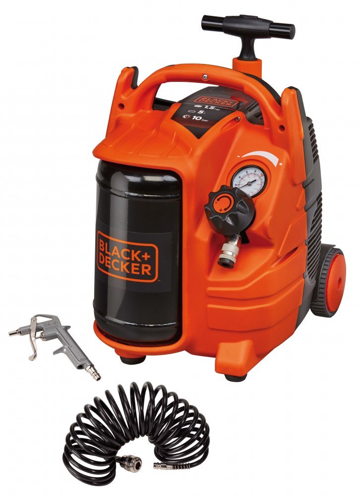 Black + Decker BD195/5-MY-T Air Compressor & Hose 1.1kW 1.5Hp 5Lt Receiver 10 Bar - S-8215320BND303 - airlinkcompressors.com