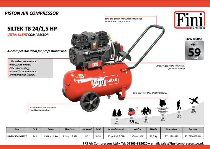 Fini Siltek TB Oil Free Silenced Compressor 1.1kW/1.5Hp 5.6cfm 8Bar 24Lt (13amp) - F-B2CC304FNN557 - airlinkcompressors.com