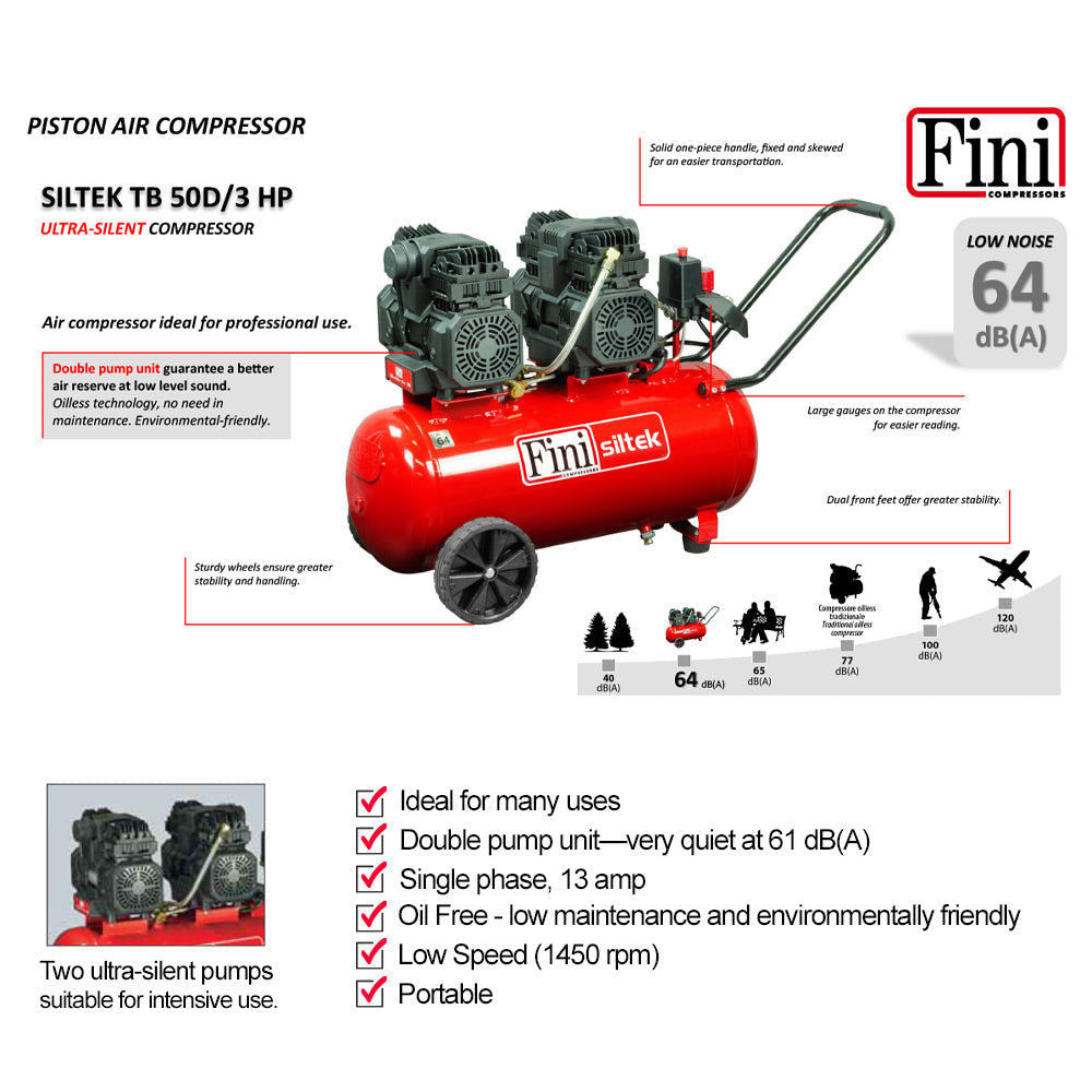 Fini Siltek TB Oil Free Silenced Compressor 2.2kW/3Hp 12 cfm 8 Bar 50Lt (13amp) - F-B2DC504FNN560 - airlinkcompressors.com