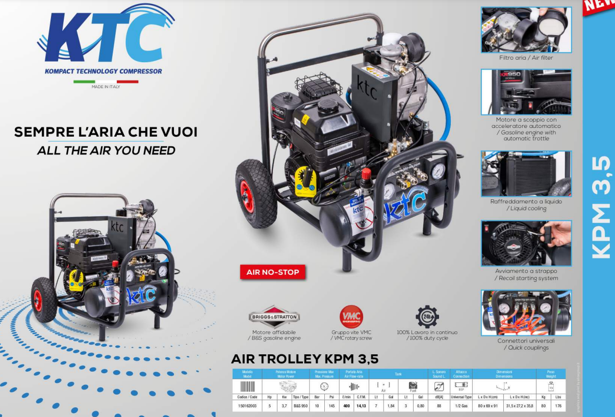 KTC Air Trolly KPM3.5 - Petrol Screw Air Compressor - 14 CFM, 5 HP - K-150162003 - airlinkcompressors.com