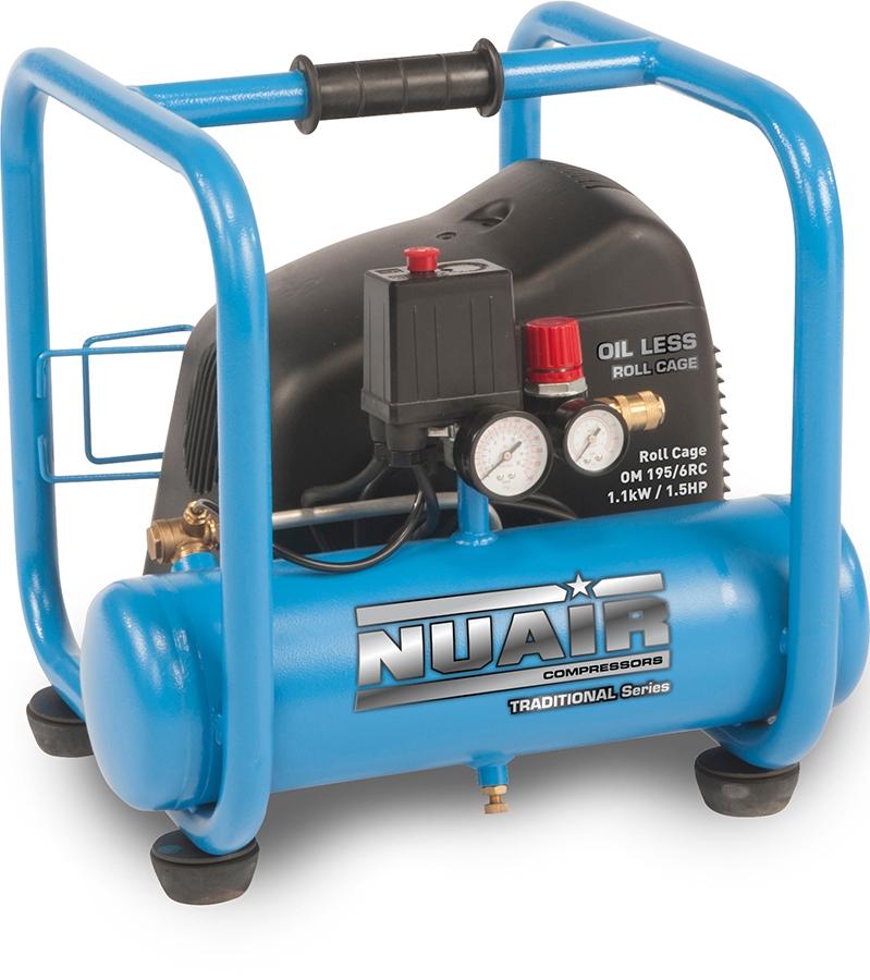 NUAIR Oil Less Roll Cage OM 195/6 Air Compressor - 7.1 CFM, 1.1kw, 1.5 HP, 6L, 230V - S-8213885FPS505 - airlinkcompressors.com