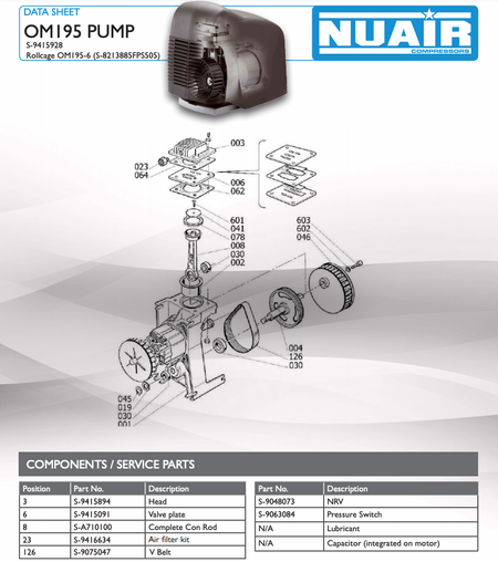 NUAIR Oil Less Roll Cage OM 195/6 Air Compressor - 7.1 CFM, 1.1kw, 1.5 HP, 6L, 230V - S-8213885FPS505 - airlinkcompressors.com